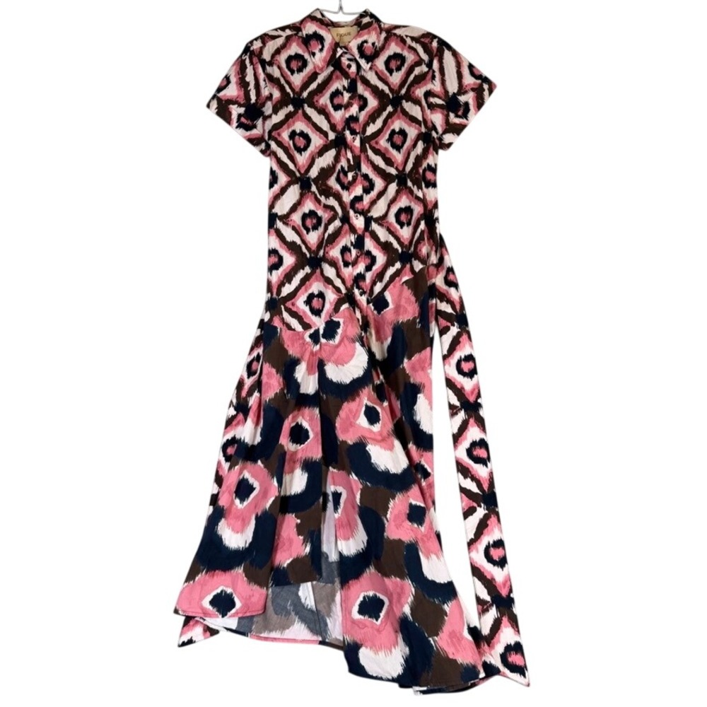 Figue Pink Brown Ikat Geometric Short Sleeve Asymmetric Midi Shirt Dress Belted